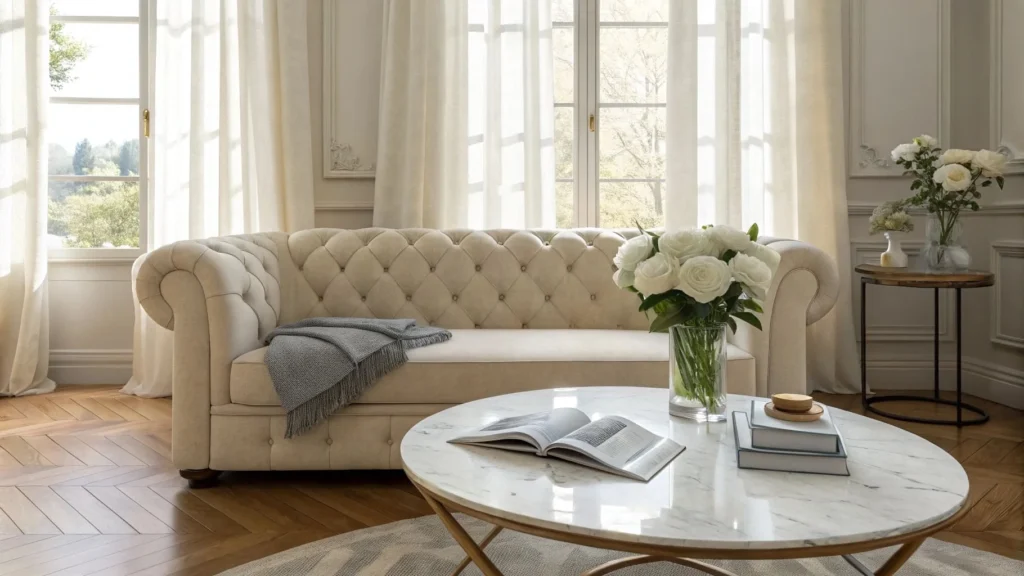 Living Room Tufted Sofa + Marble Coffee Table