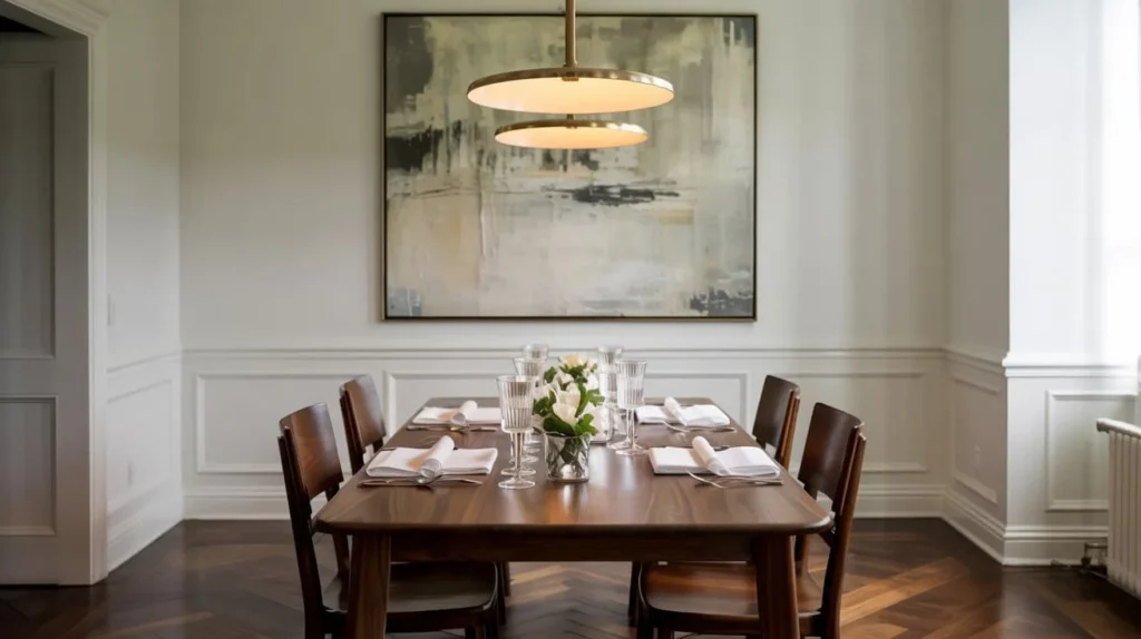 Dining Room Brass Chandelier + Herringbone Wood Flooring