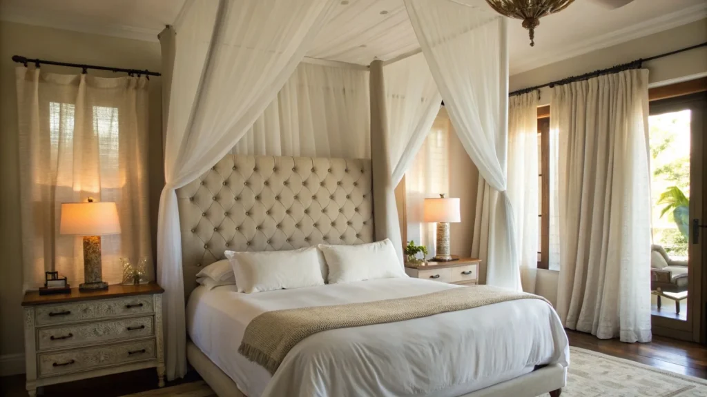 Bedroom Wingback Headboard + Neutral Canopy Drapes