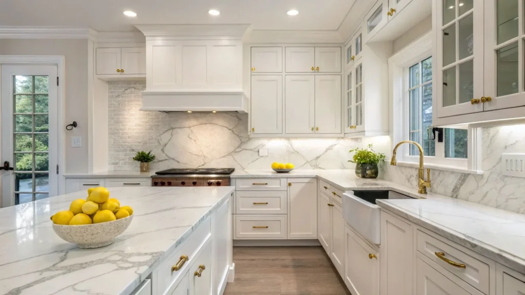 Kitchen Marble Countertops + Low‑VOC Cabinetry Paint