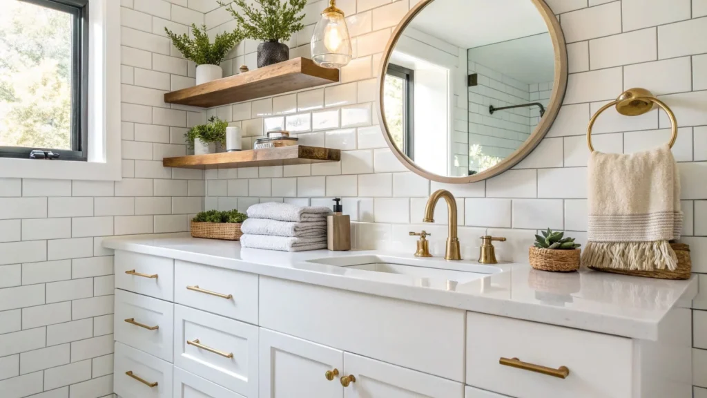 Bathroom Gold‑Finish Fixtures + Reclaimed‑Wood Shelving