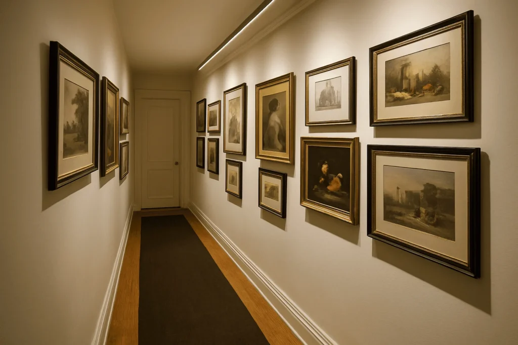 Hallway Gallery Wall with Classic Frames + Concealed LED Track