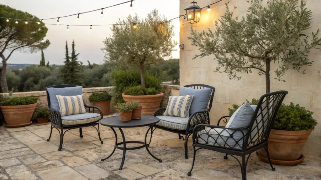 Outdoor Patio Wrought‑Iron Seating + Plush Cushions